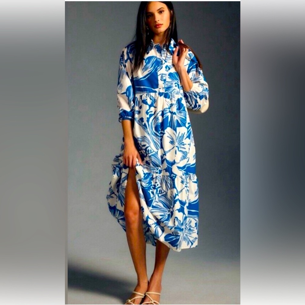 Maeve by Anthropologie Bettina Tiered Shirtdress in Blue